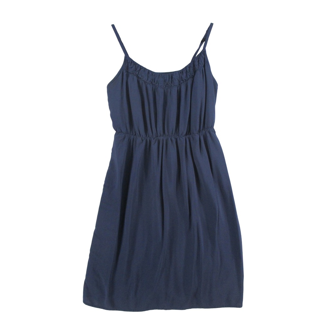 Navy Blue Spaghetti Strap Ruffle Neck Midi Dress Womens Size M Elastic Waist
